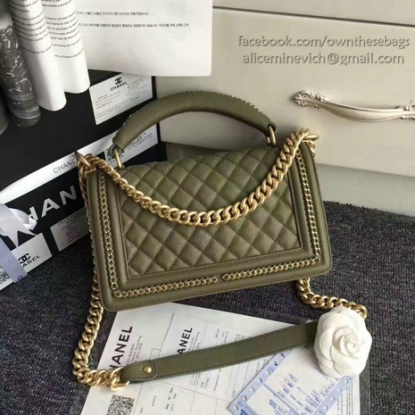 Ch**el quilted caviar boy bag with top handle green