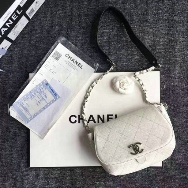 Ch**el grained calfskin caviar stitched shoulder bag white a92949