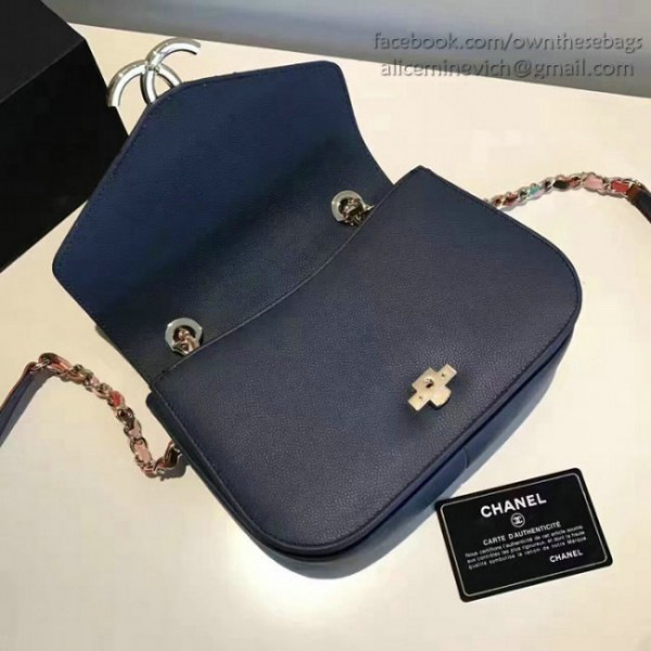 Ch**el grained calfskin flap bag with top handle blue