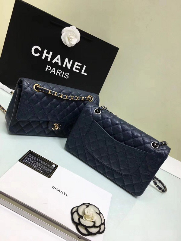 Ch**el classic flap bag royalblue caviar leather sliver&gold chain 25cm