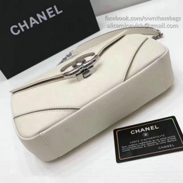Ch**el calfskin chevron flap bag white