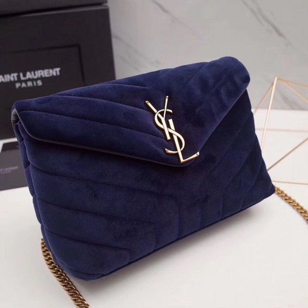 Y51 loulou monogram quilted velvet shoulder bag blue 4795  25cm*17cm*9cm