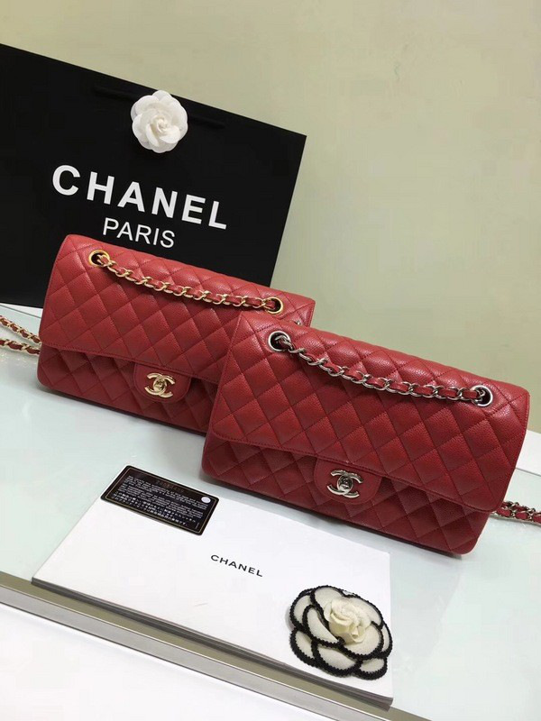 Ch**el classic flap bag red caviar leather sliver&gold chain 25cm