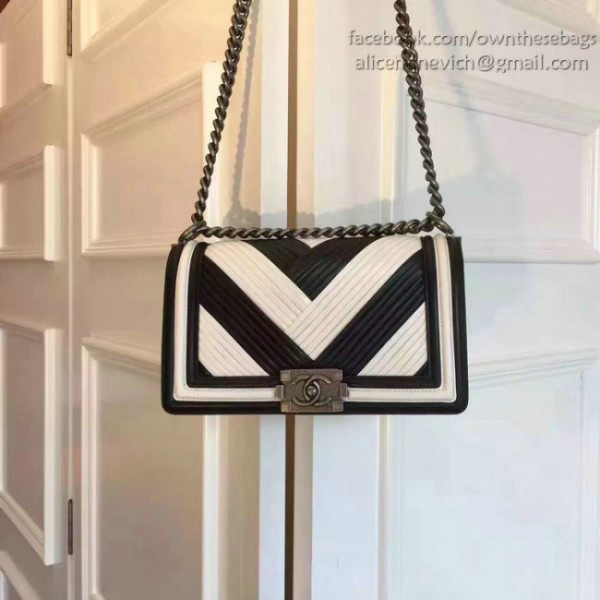 Ch**el medium chevron lambskin quilted boy bag white and black