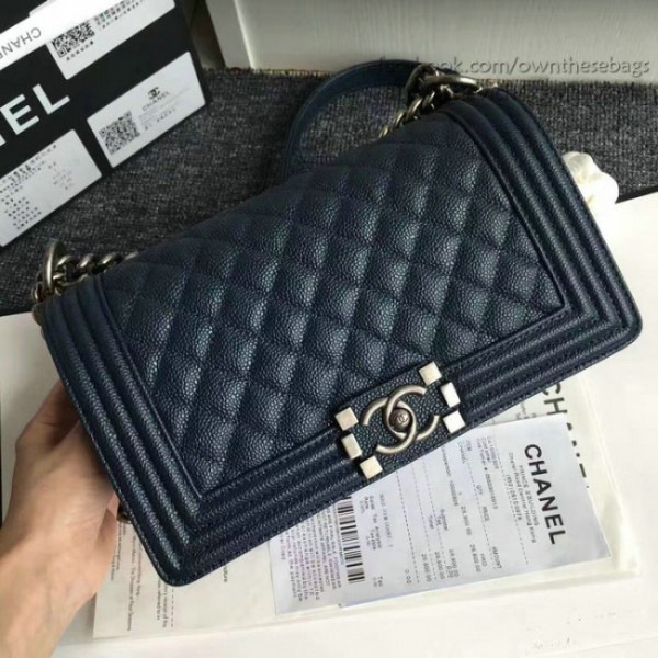 Ch**el quilted caviar medium boy bag blue