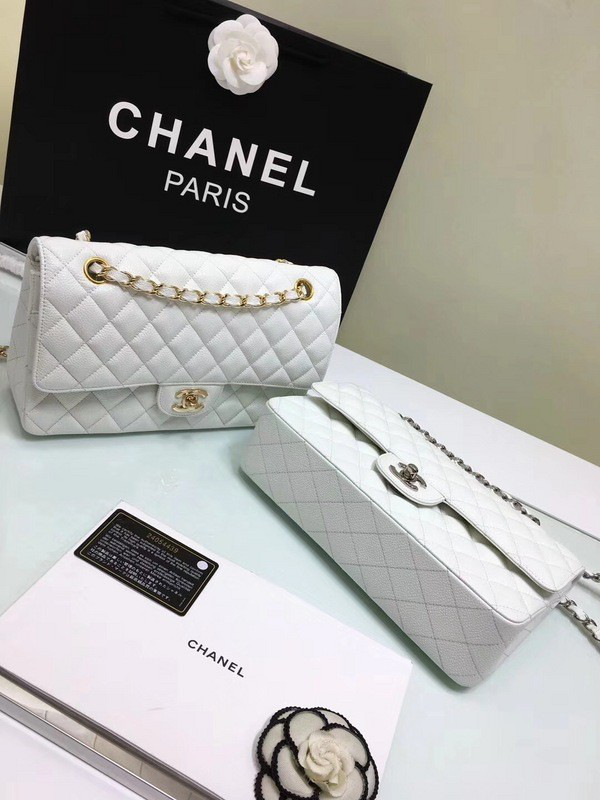 Ch**el classic flap bag white caviar leather sliver&gold chain 25cm