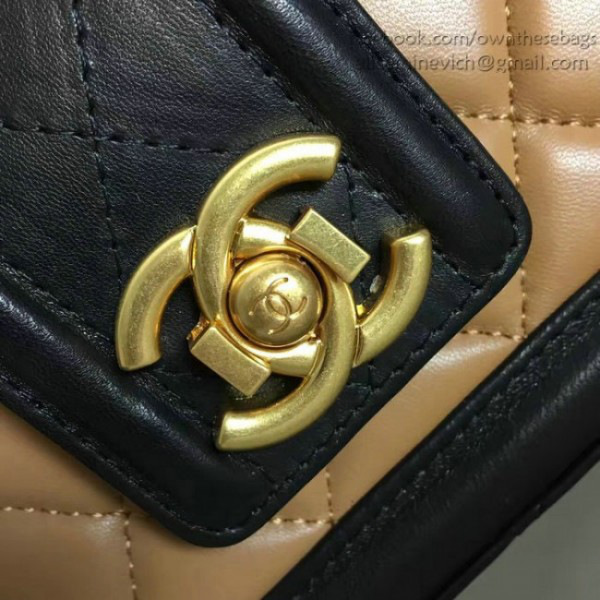 Ch**el quilted lambskin gold-tone metal flap bag beige and black