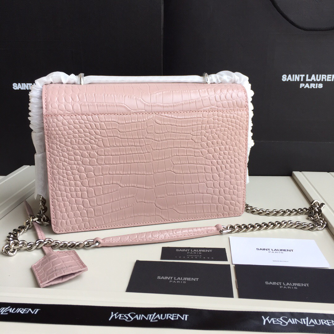 Y51 small crocodile silver chain front flap handbag pink  22*16*8cm