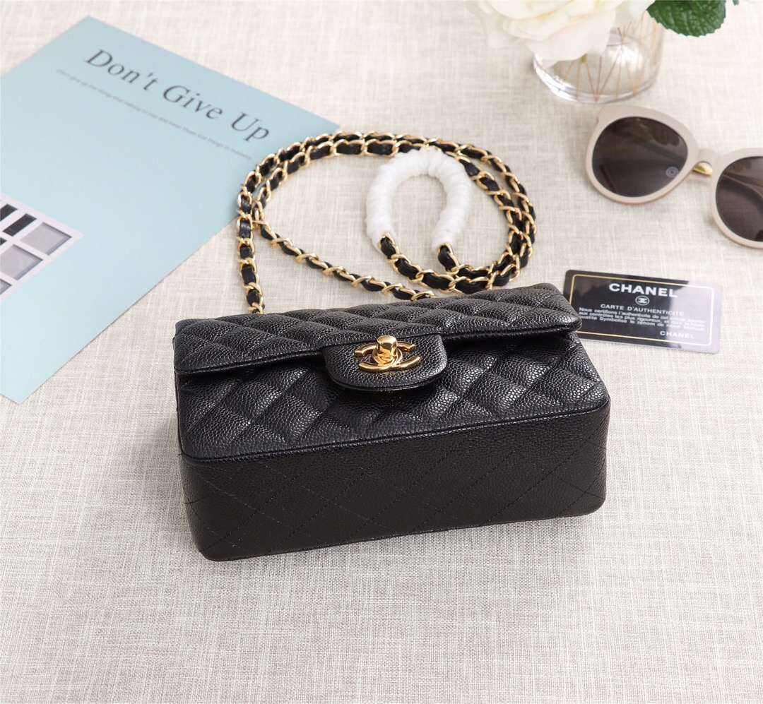 Ch**el flap bag caviar lambskin leather black gold chain 20cm