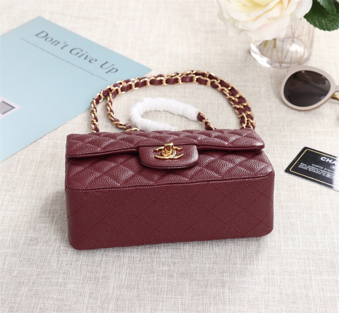 Ch**el flap bag caviar lambskin leather red gold chain 20cm