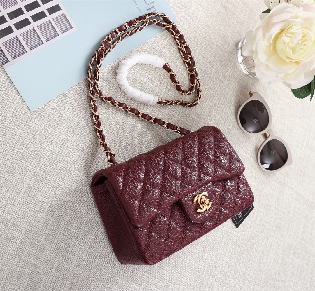 Ch**el flap bag caviar lambskin leather red gold chain 20cm