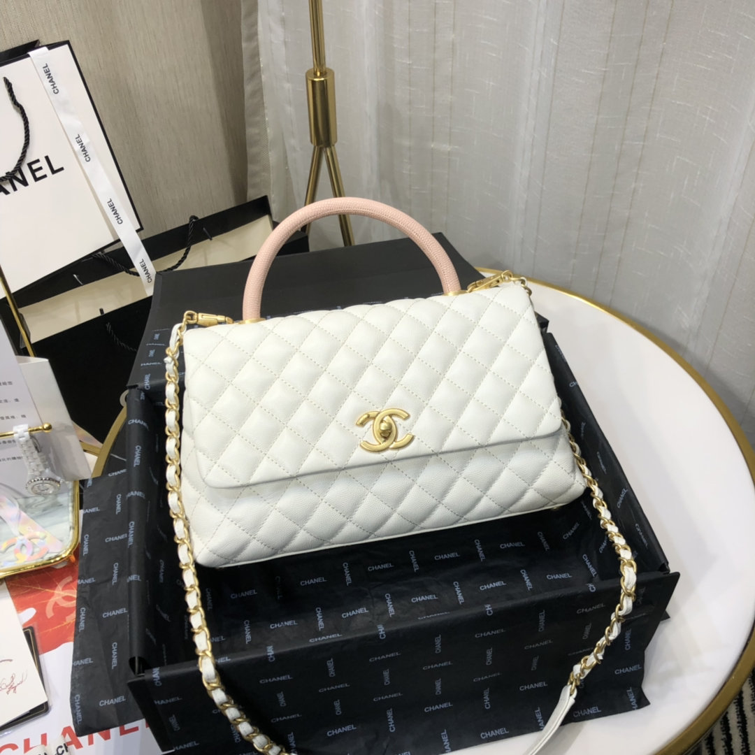 Ch**el maxi flap bag with top handle white 28 cm