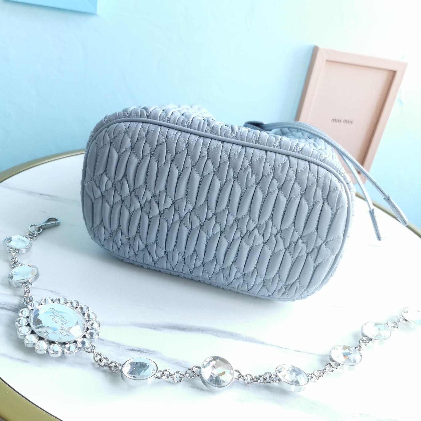 M1um1u crystal cloquÉ nappa leather bucket bag navy 5be050 20 x 12 x 21 cm