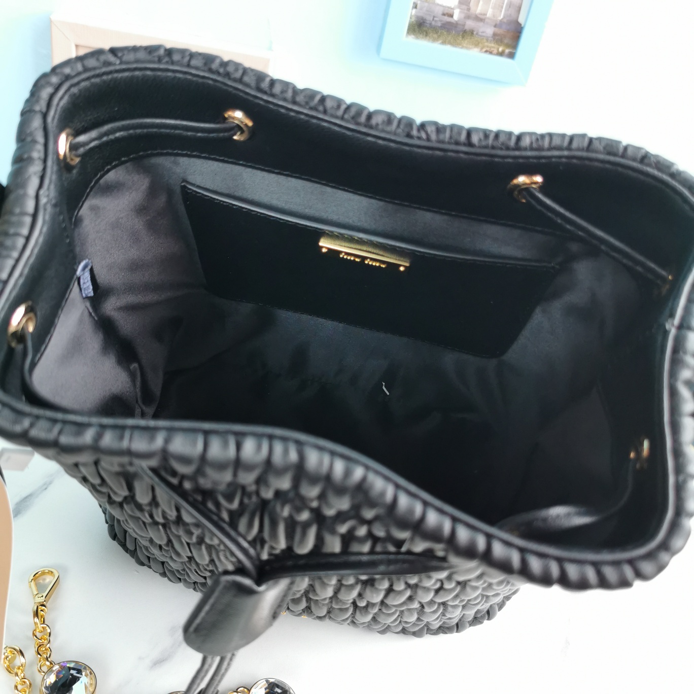 M1um1u crystal cloquÉ nappa leather bucket bag black 5be050 20 x 12 x 21 cm