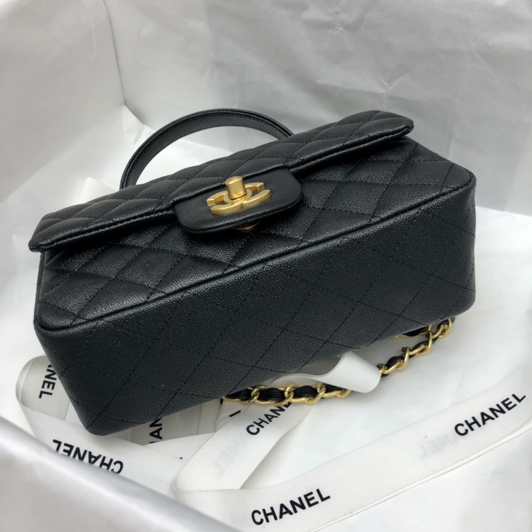 Ch**el mini flap bag with top handle grained calfskin & gold-tone metal black as2431 20 x 14 x 7 cm