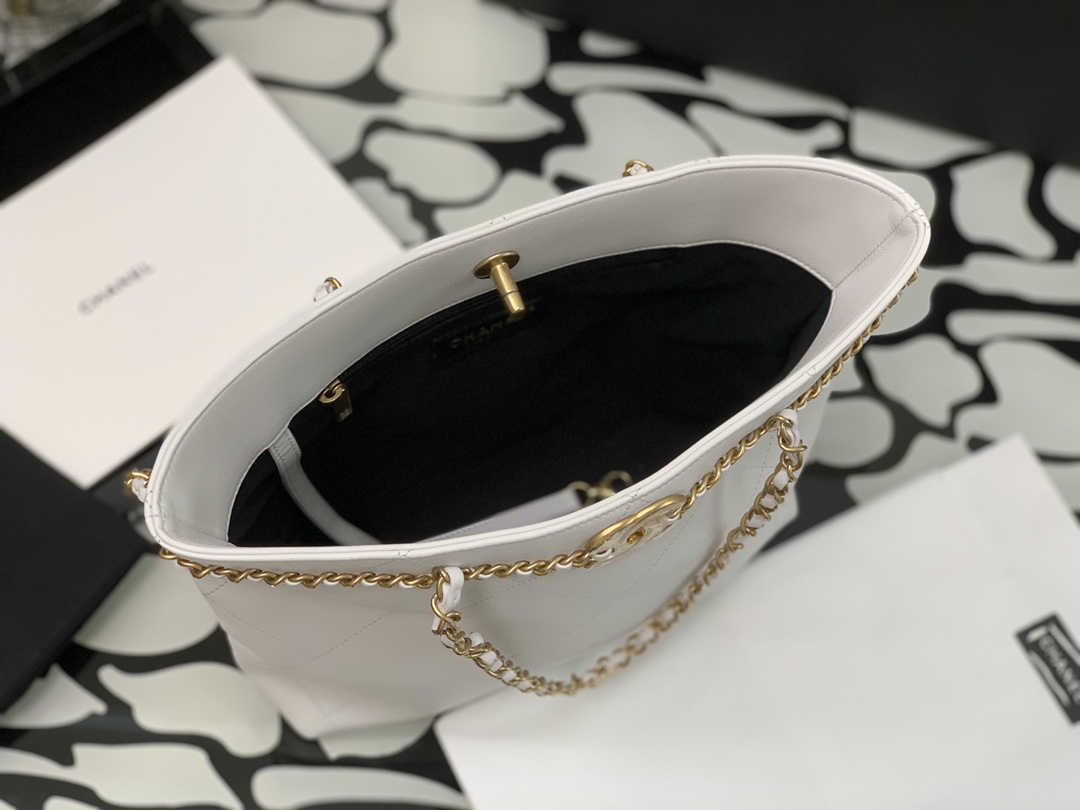 Ch**el small shopping bag calfskin & gold-tone metal white as2374 24 x 31 x 7 cm