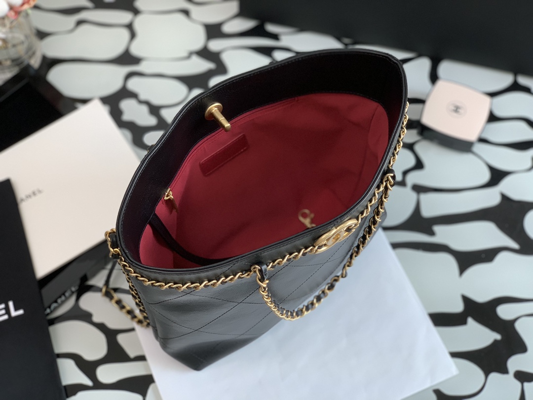 Ch**el small shopping bag calfskin & gold-tone metal black as2374 24 × 31 × 7 cm