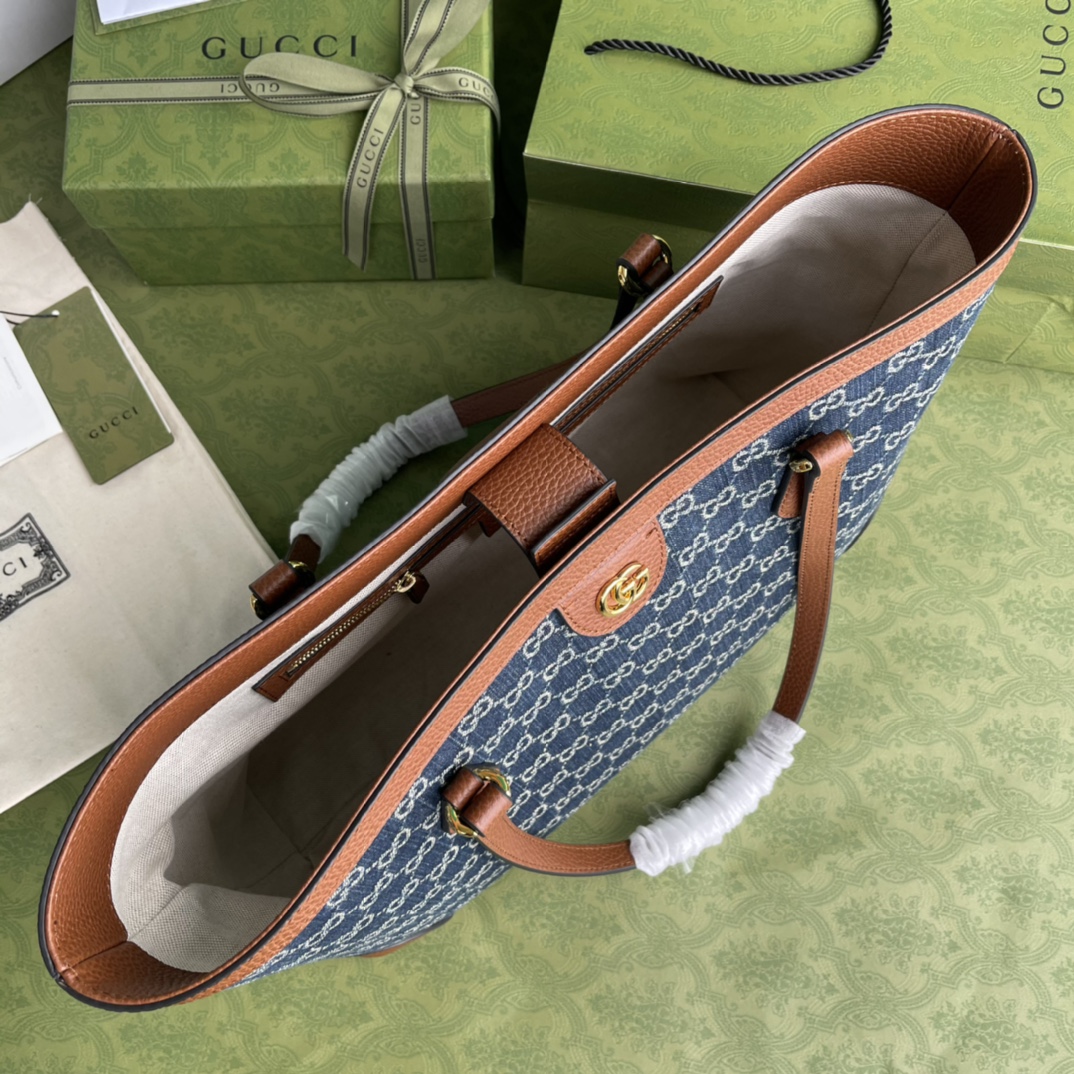 Gvc*1 ophidia gg medium tote blue and ivory denim 631685 38 x 28 x 14 cm