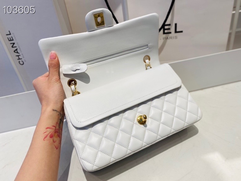 Ch**el flap bag white & golden chain a01112 25cm