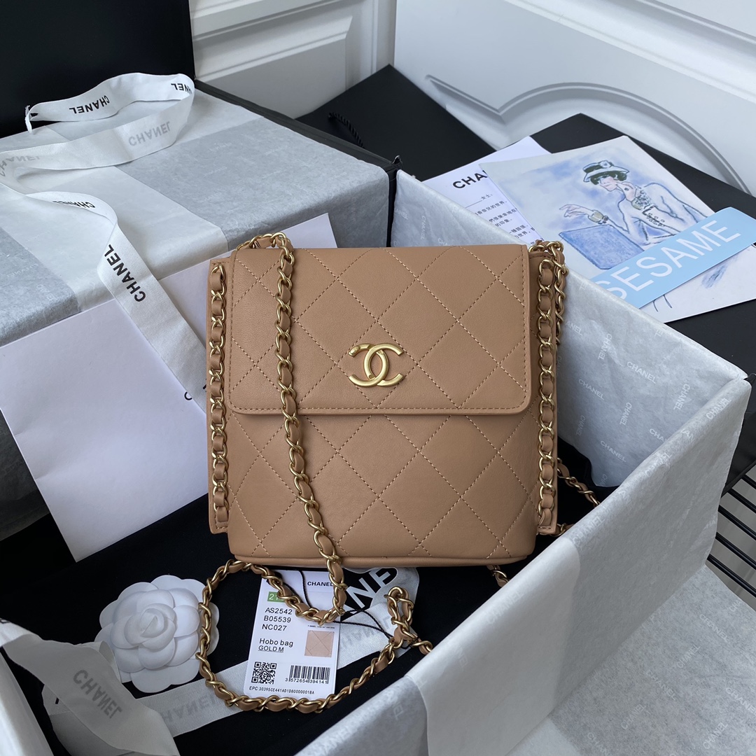 Ch**el small hobo bag calfskin & gold-tone metal beige as2542 19 x 23 x 7 cm