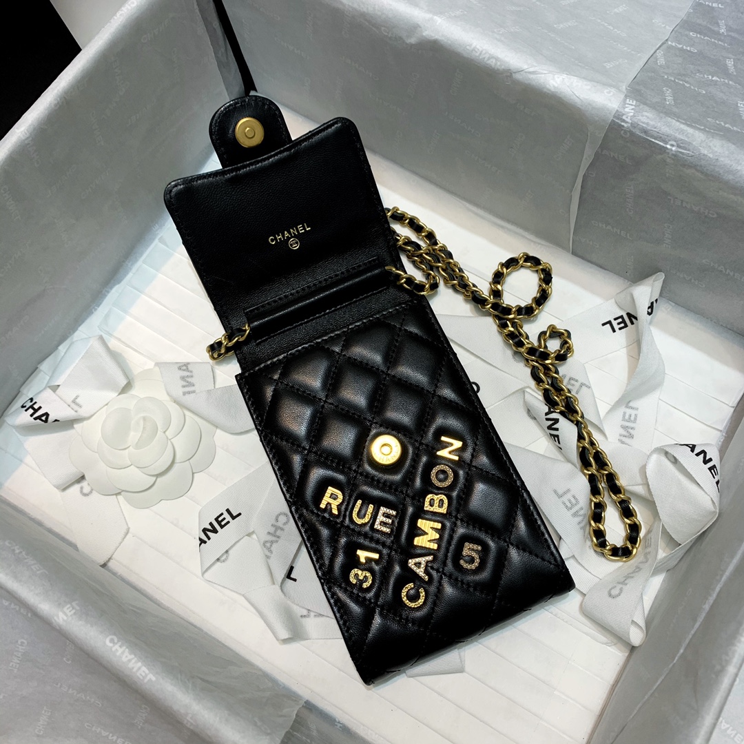 Ch**el phone holder with chain lambskin black ap2164 17 x 2.5 x 10 cm