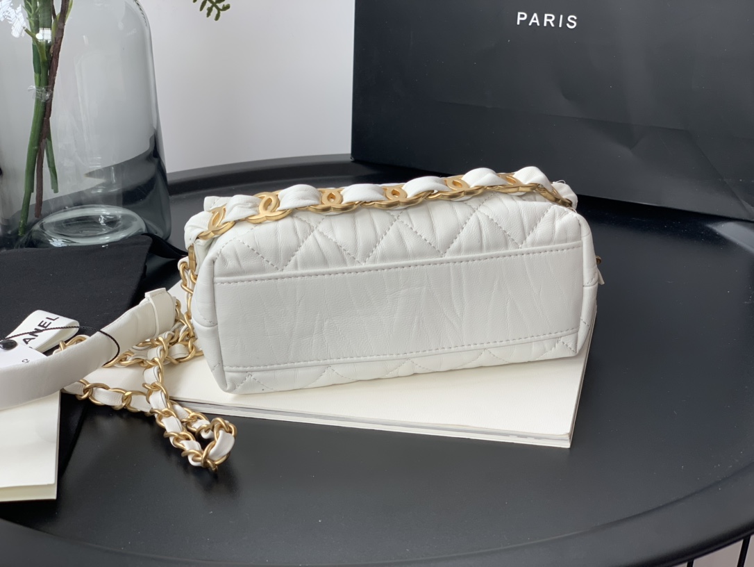 Ch**el small hobo bag crumpled lambskin & gold-tone metal white as2479 13 x 19 x 7 cm