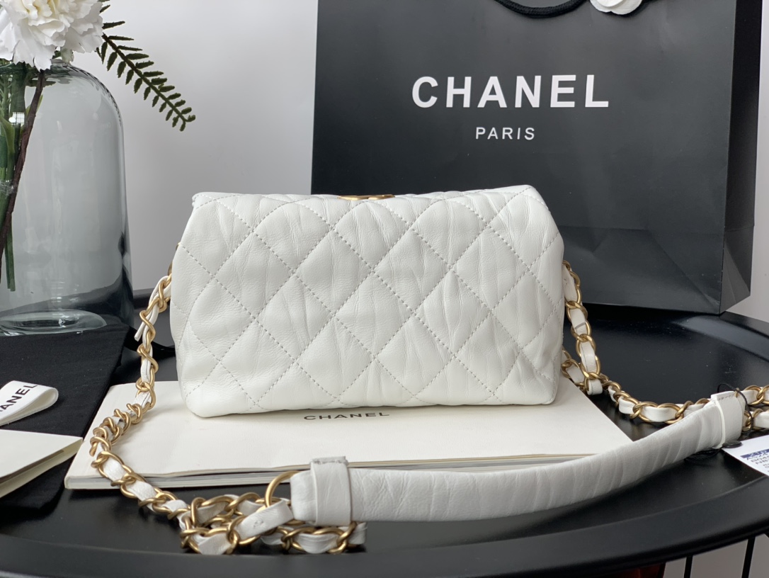 Ch**el small hobo bag crumpled lambskin & gold-tone metal white as2479 13 x 19 x 7 cm