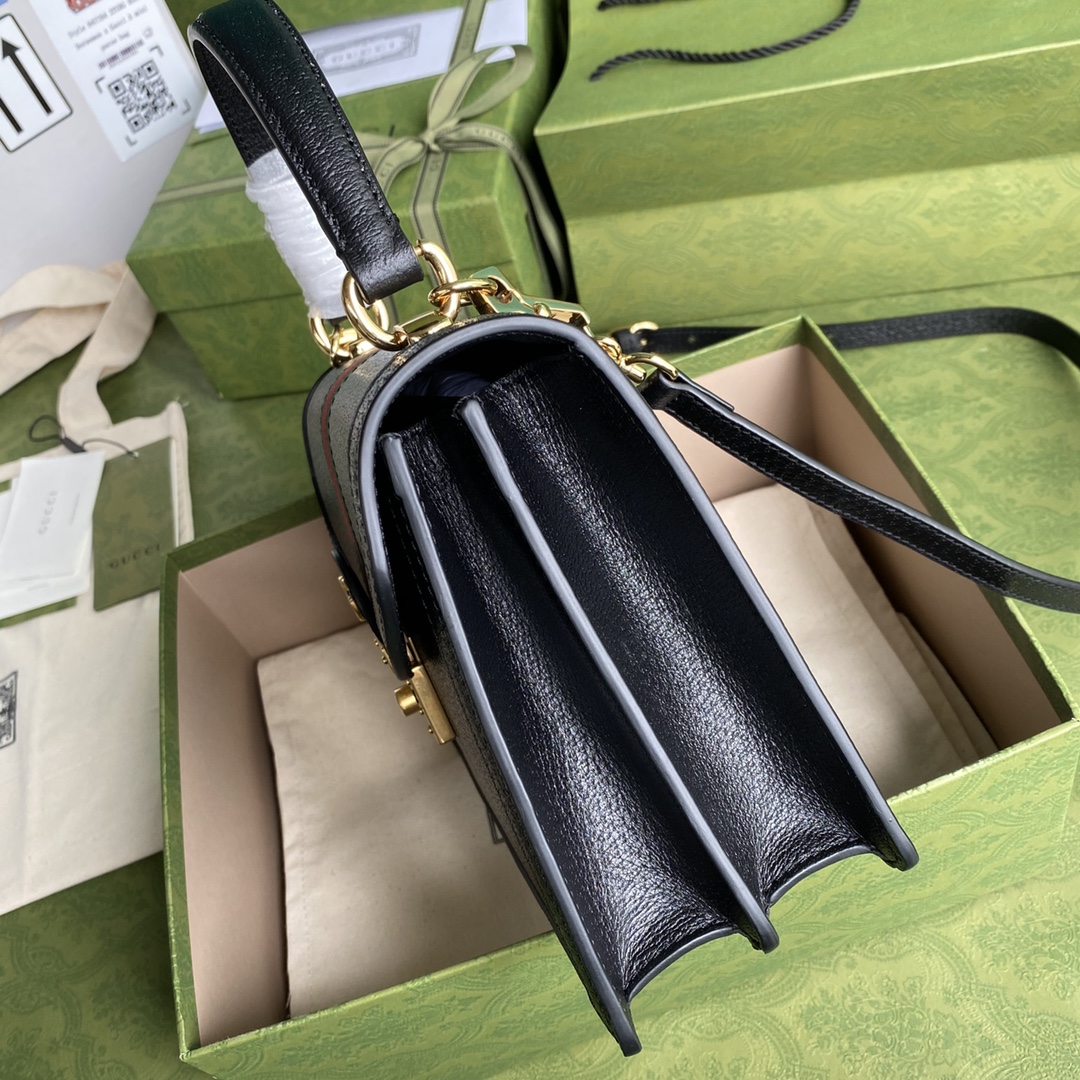 Gvc*1 ophidia small top handle bag with web black leather 651055 25 x 17.5 x 7 cm