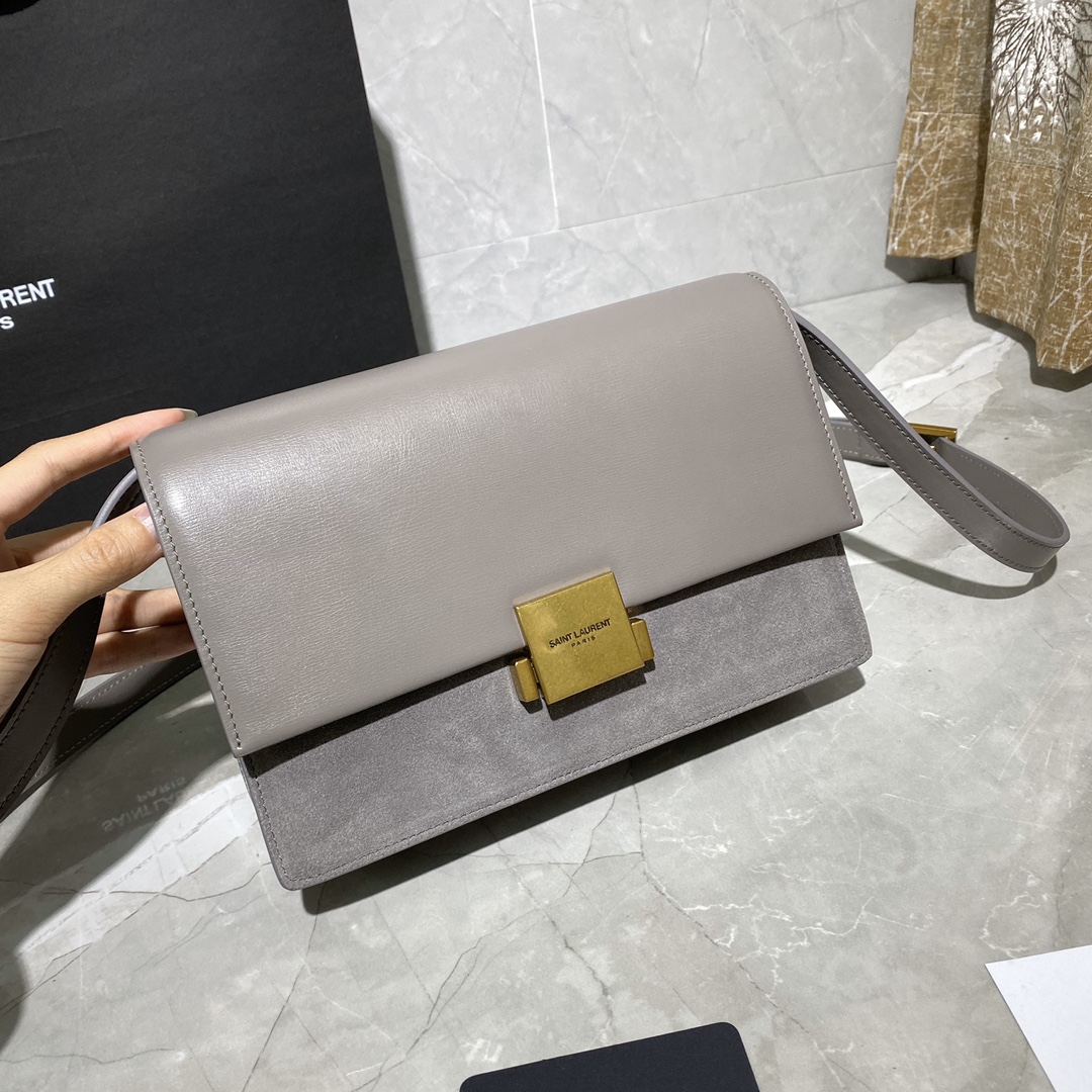 Y51 medium bellechasse in leather and suede grey and golden 482044 24 x 16 x 7 cm