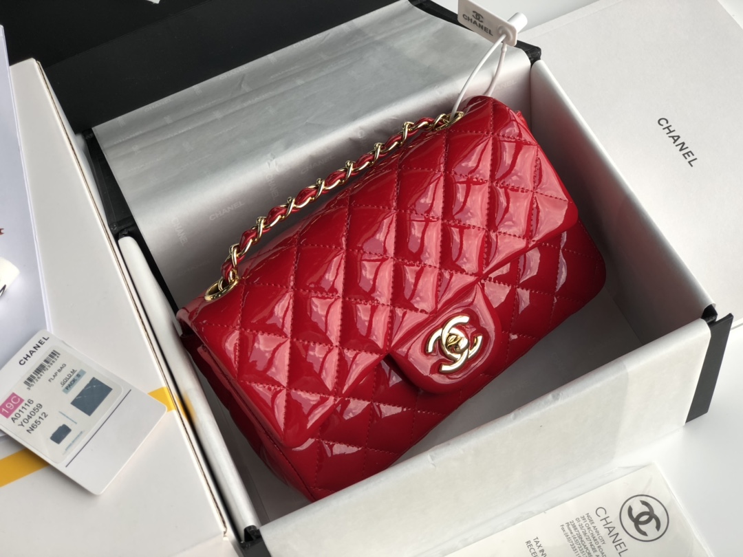 Ch**el cf mini patent calfskin & golden metal red bag 20cm