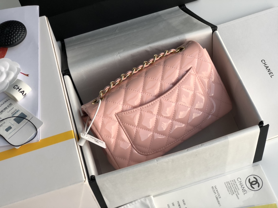 Ch**el cf mini patent calfskin & golden metal pink rose bag 20cm