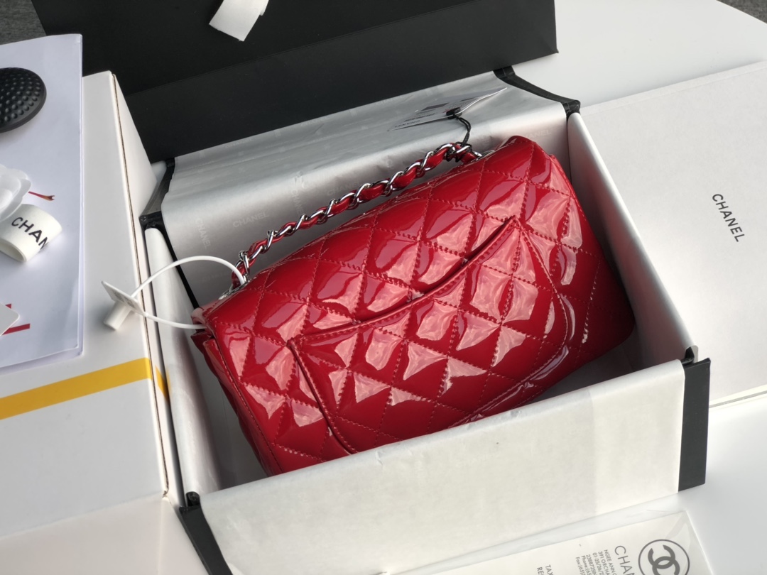 Ch**el cf mini patent calfskin & silver metal red bag 20cm