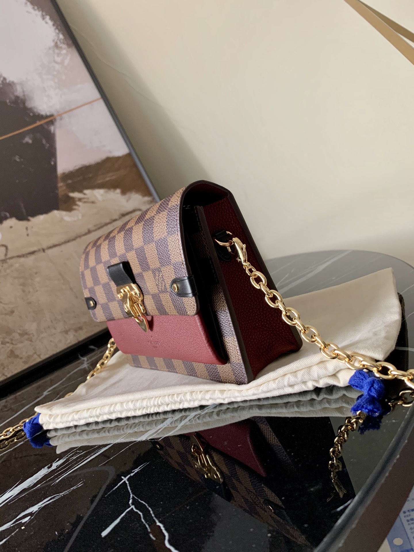 l0vis Vvtt0n vavin chain wallet damier ebene canvas bordeaux noir n60222 19 x 12.5 x 4 cm