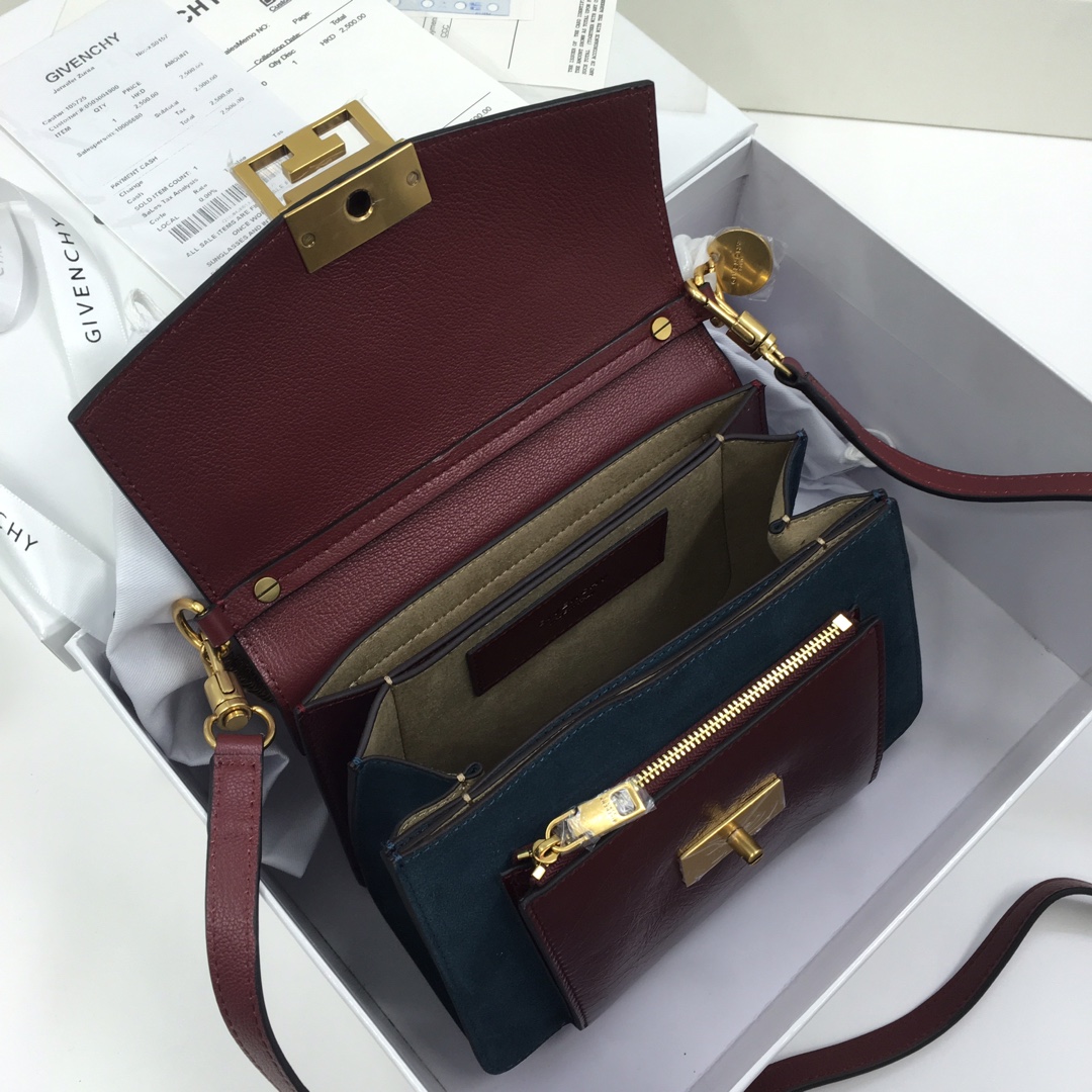 GIVENCHY SMALL GV3 BAG IN LEATHER AND SUEDE Burgundy And Navy BB501CB 22 x 14 x 8 cm