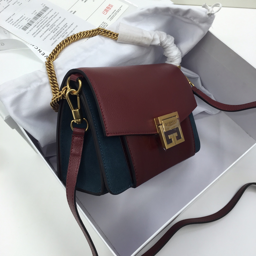 GIVENCHY SMALL GV3 BAG IN LEATHER AND SUEDE Burgundy And Navy BB501CB 22 x 14 x 8 cm