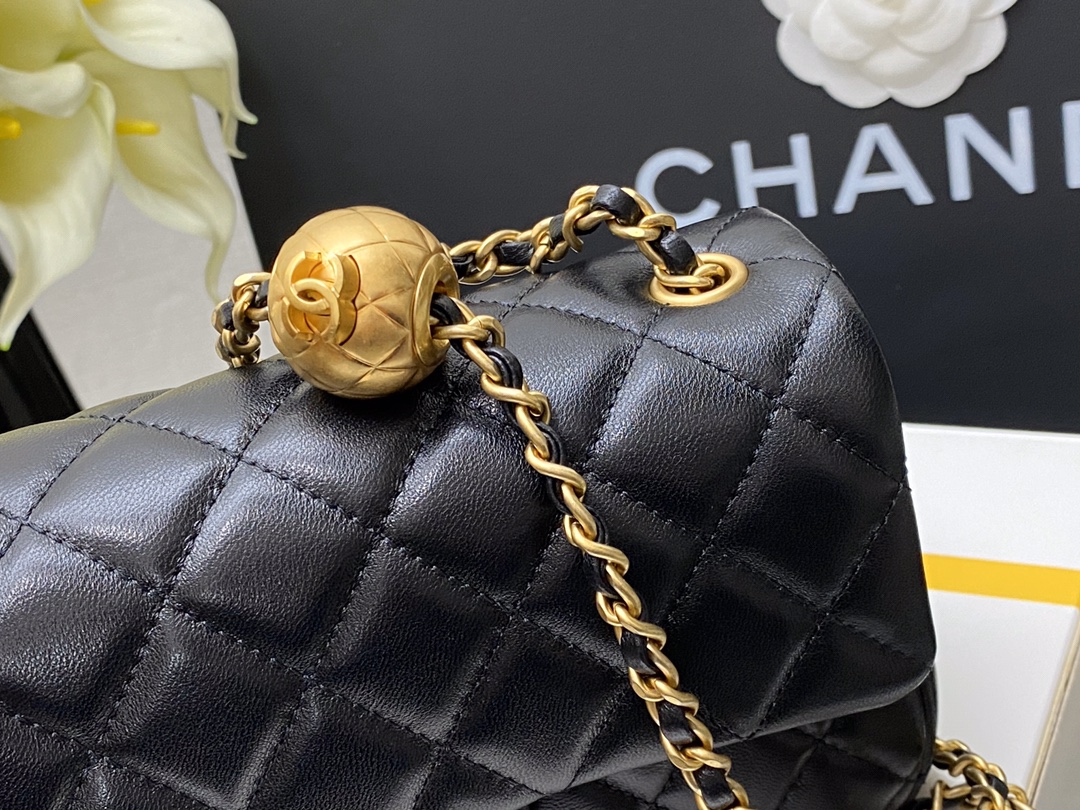 Ch**el charm strap flap bag lambskin black as1787 17 x 20 cm