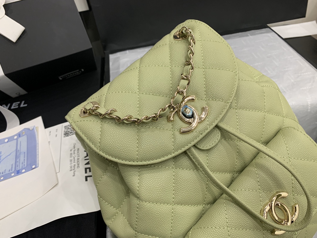 Ch**el backpack grained calfskin lime as1371 21.5 x 24 x 12 cm