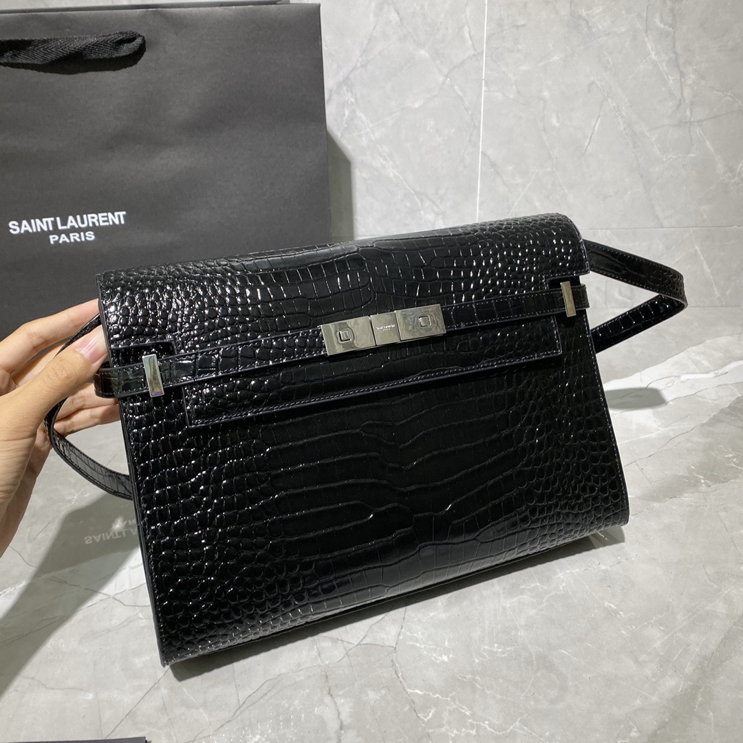 Y51 manhattan shoulder bag in crocodile-embossed shiny leather silver metal black 579271 29 x 20.5 x 7 cm
