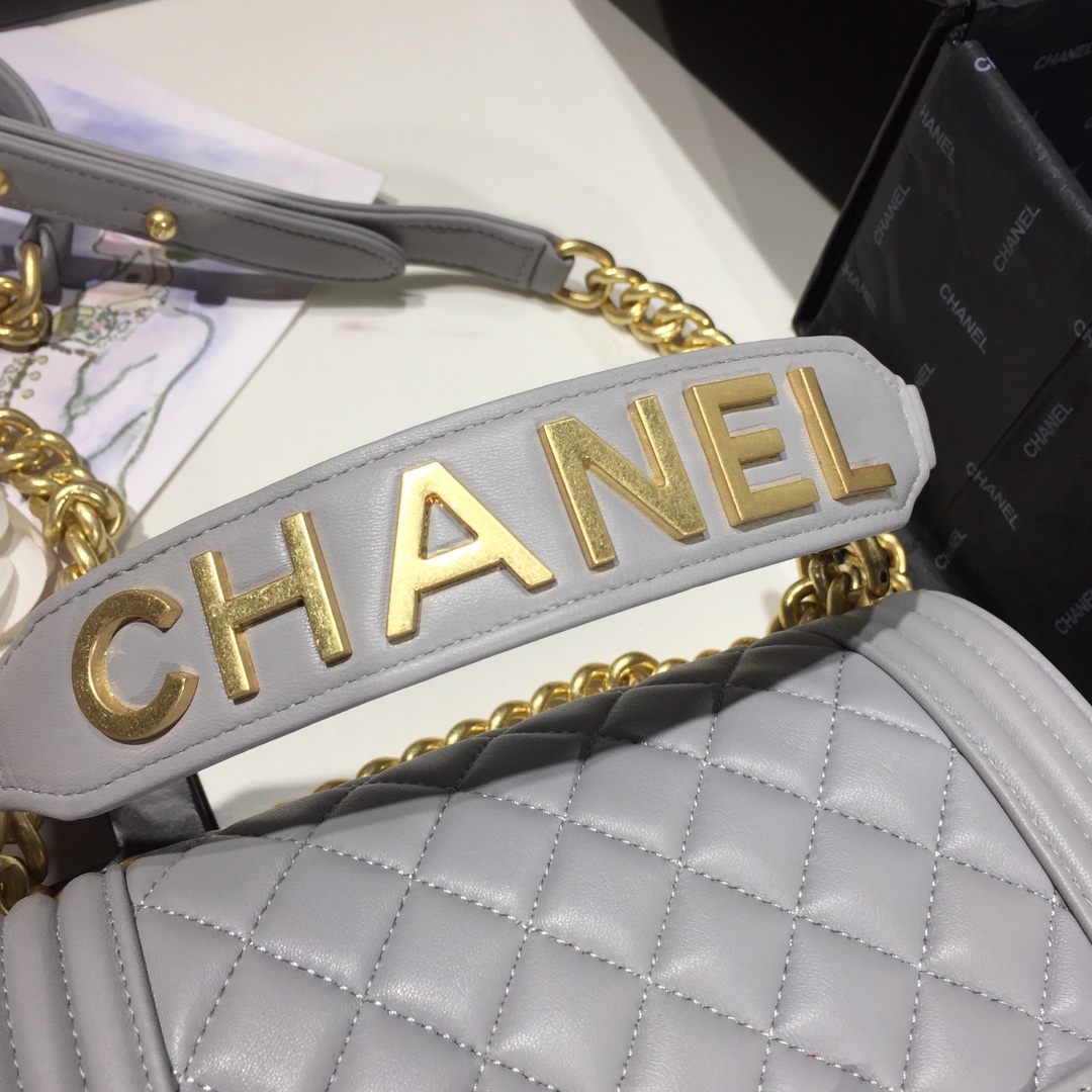 Ch**el small original lambskin leather boy flap bag grey 20cm