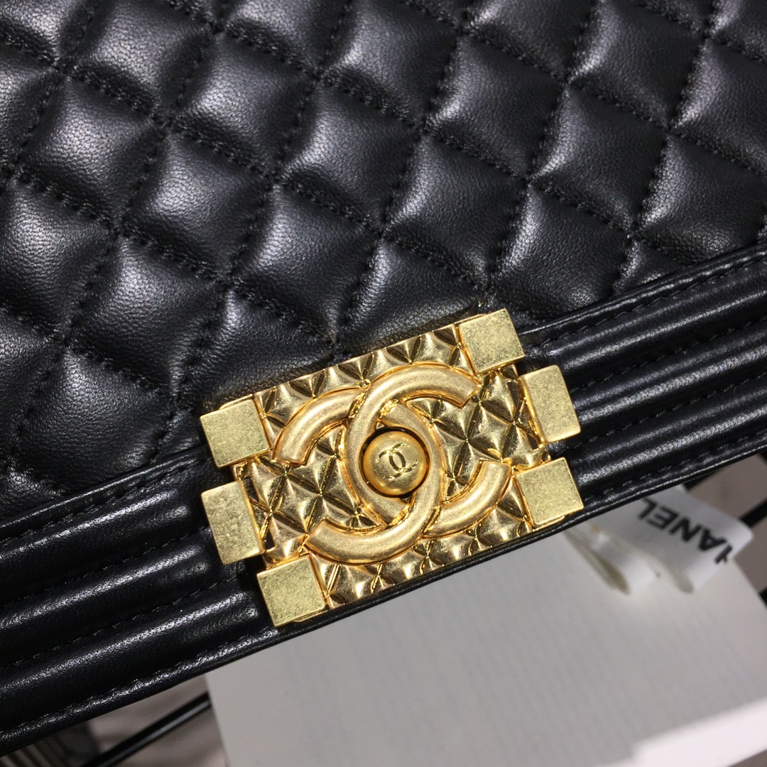 Ch**el small original lambskin leather boy flap bag black 25 cm