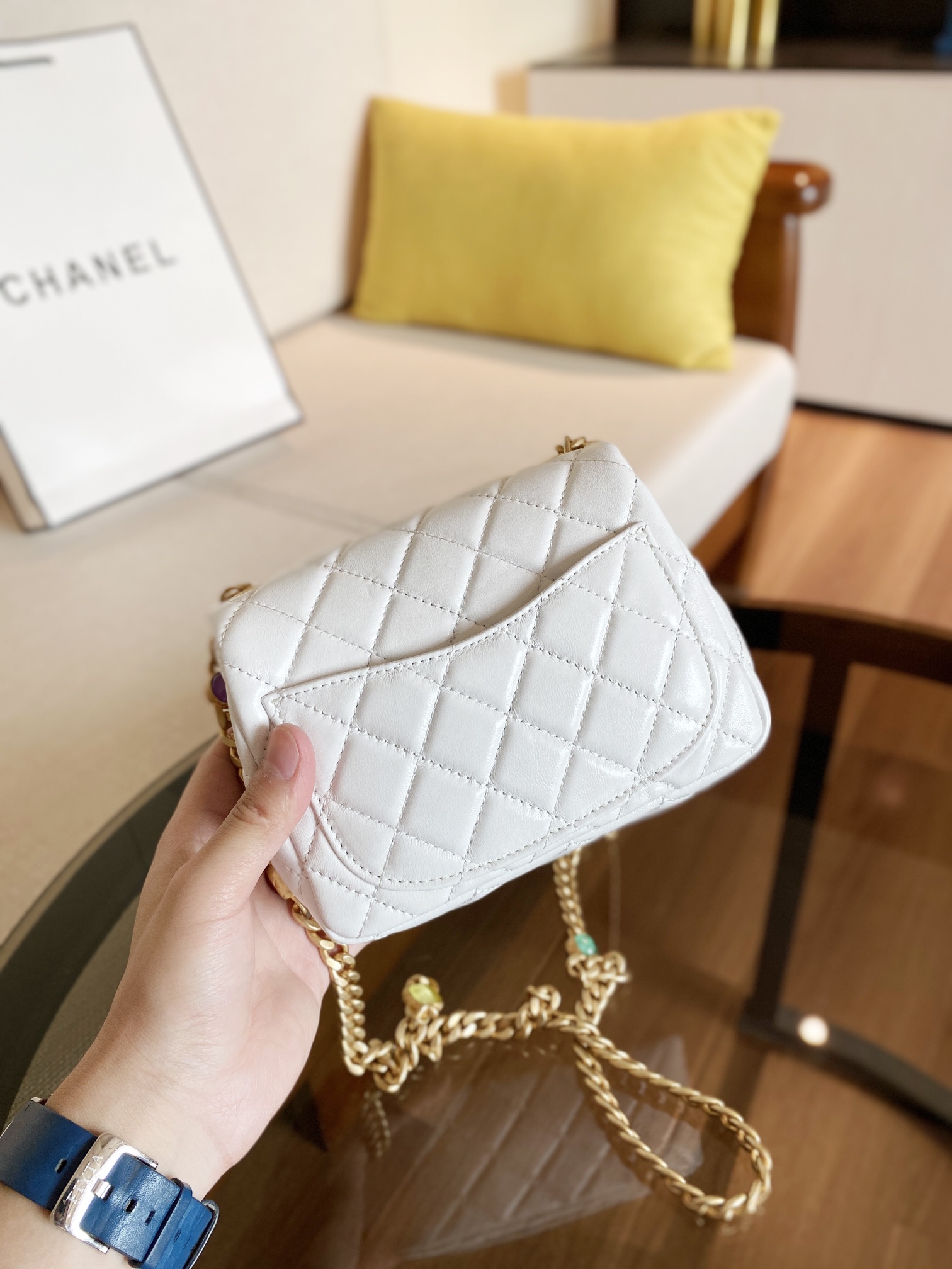 Ch**el mini square resin bag stones chain lambskin white as2379 13 x 17 x 7 cm