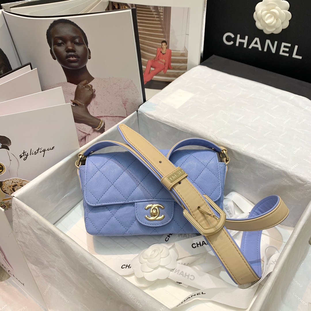 Ch**el calfskin flap bag light blue as2273 20cm