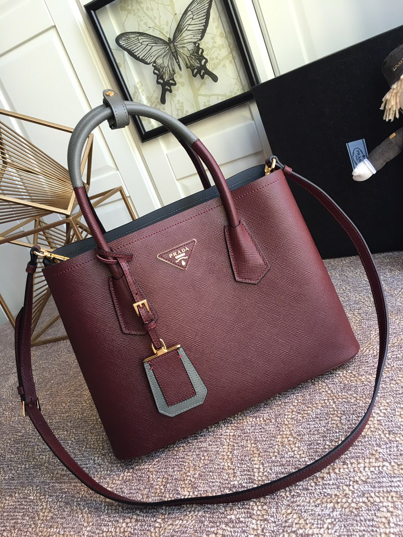Pra*a medium saffiano leather double Pra*a bag dark burgundy 1bg775 33 x 24.5 x 14 cm