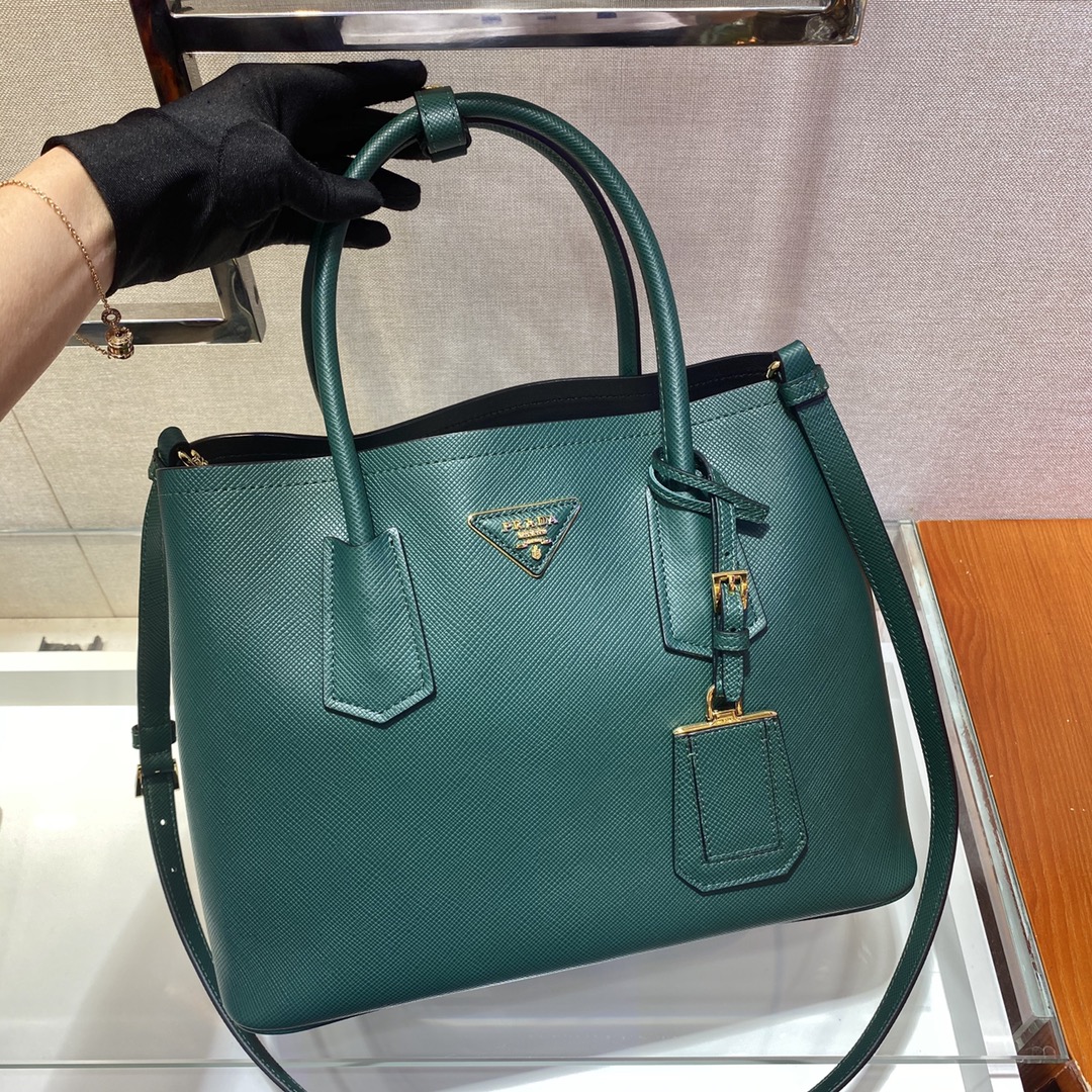 Pra*a medium saffiano leather double Pra*a bag dark green 1bg775 33 x 24.5 x 14 cm
