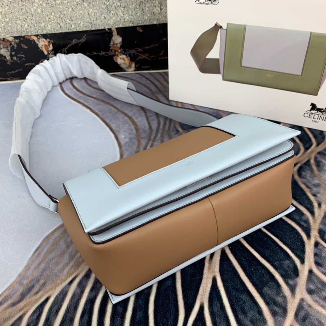 Ce1i*e medium frame bag in shiny smooth calfskin light blue and brown 180263 25 x 17 x 8.5 cm