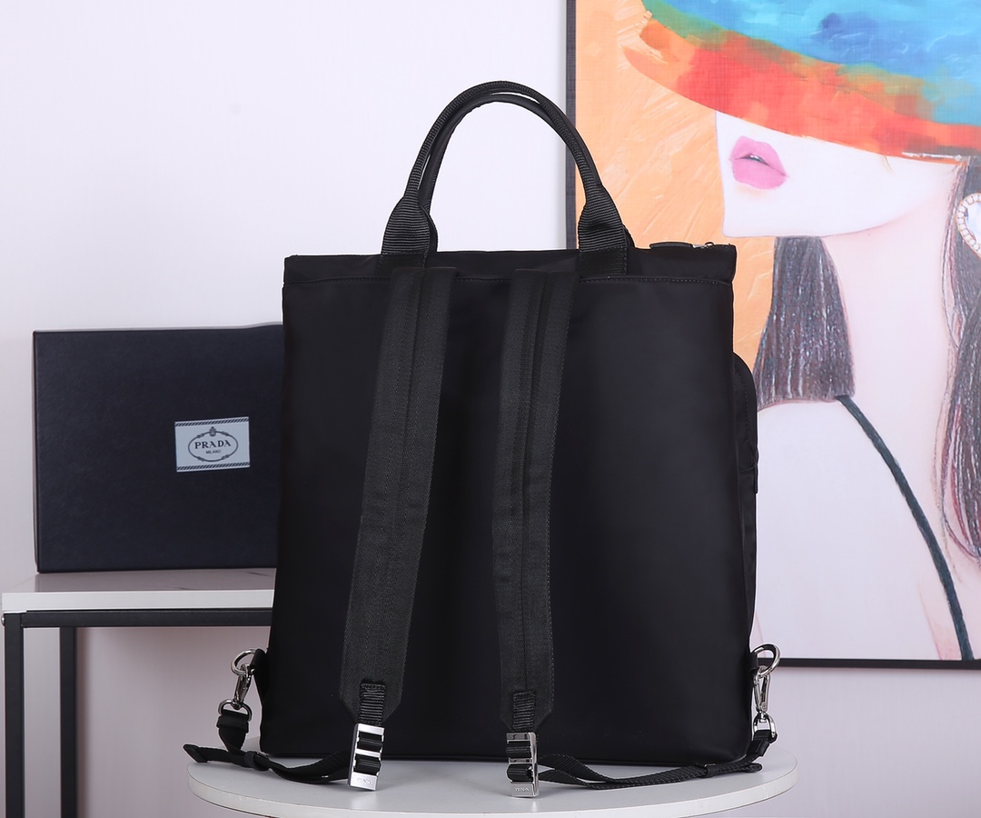 Pra*a nylon and saffiano leather tote black 2vg053 40 x 44 x 10 cm