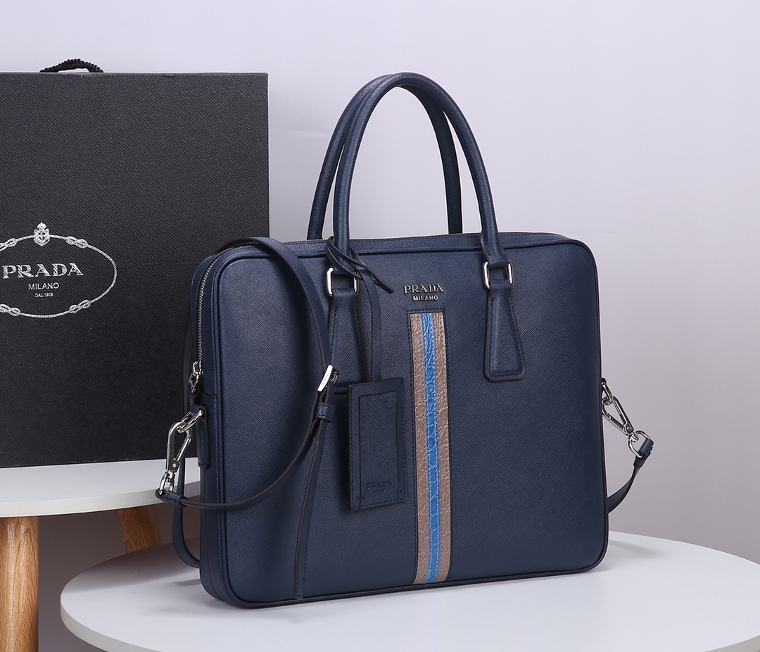 Pra*a briefcase crocodile pattern blue and brown 2ve365 36 x 28 x 4 cm