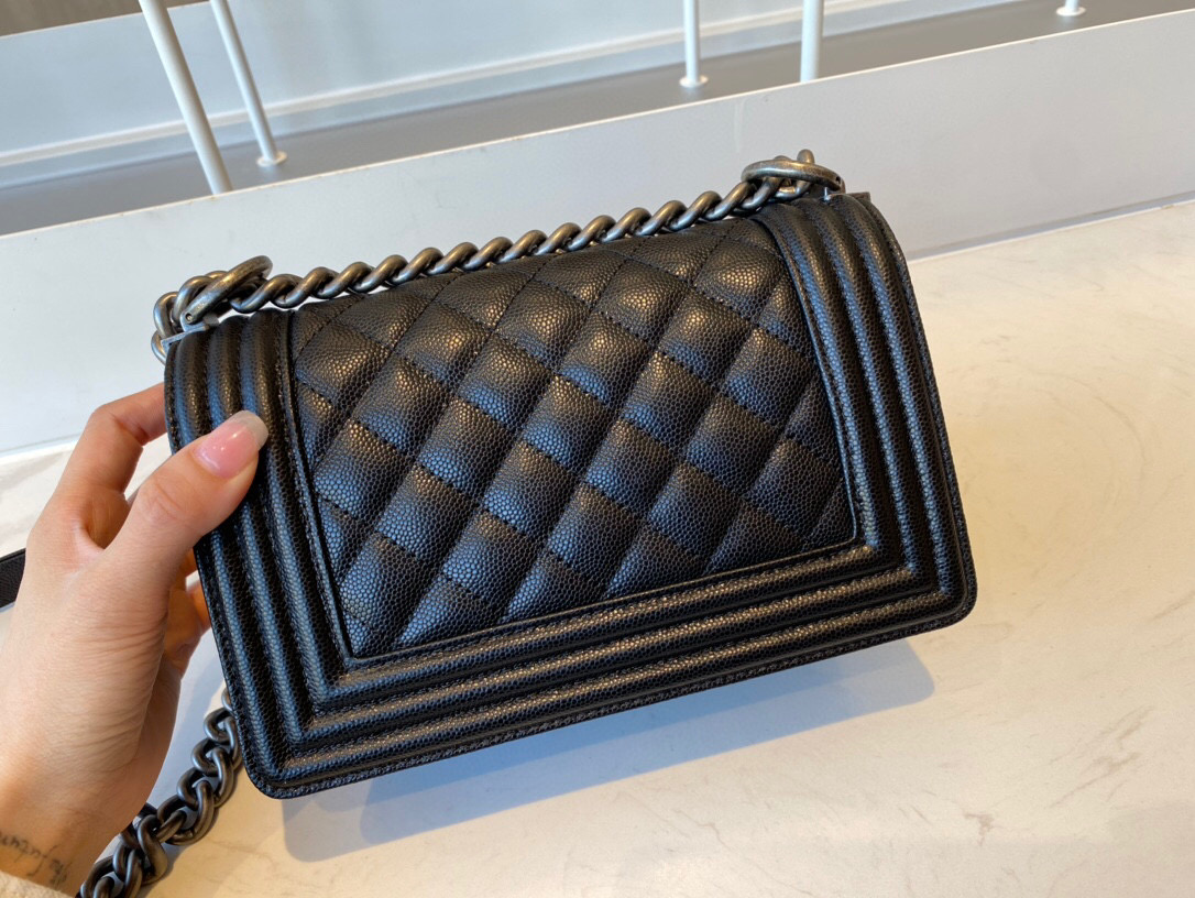 Ch**el small boy handbag grained calfskin & ruthenium-finish metal black a67085 20 cm