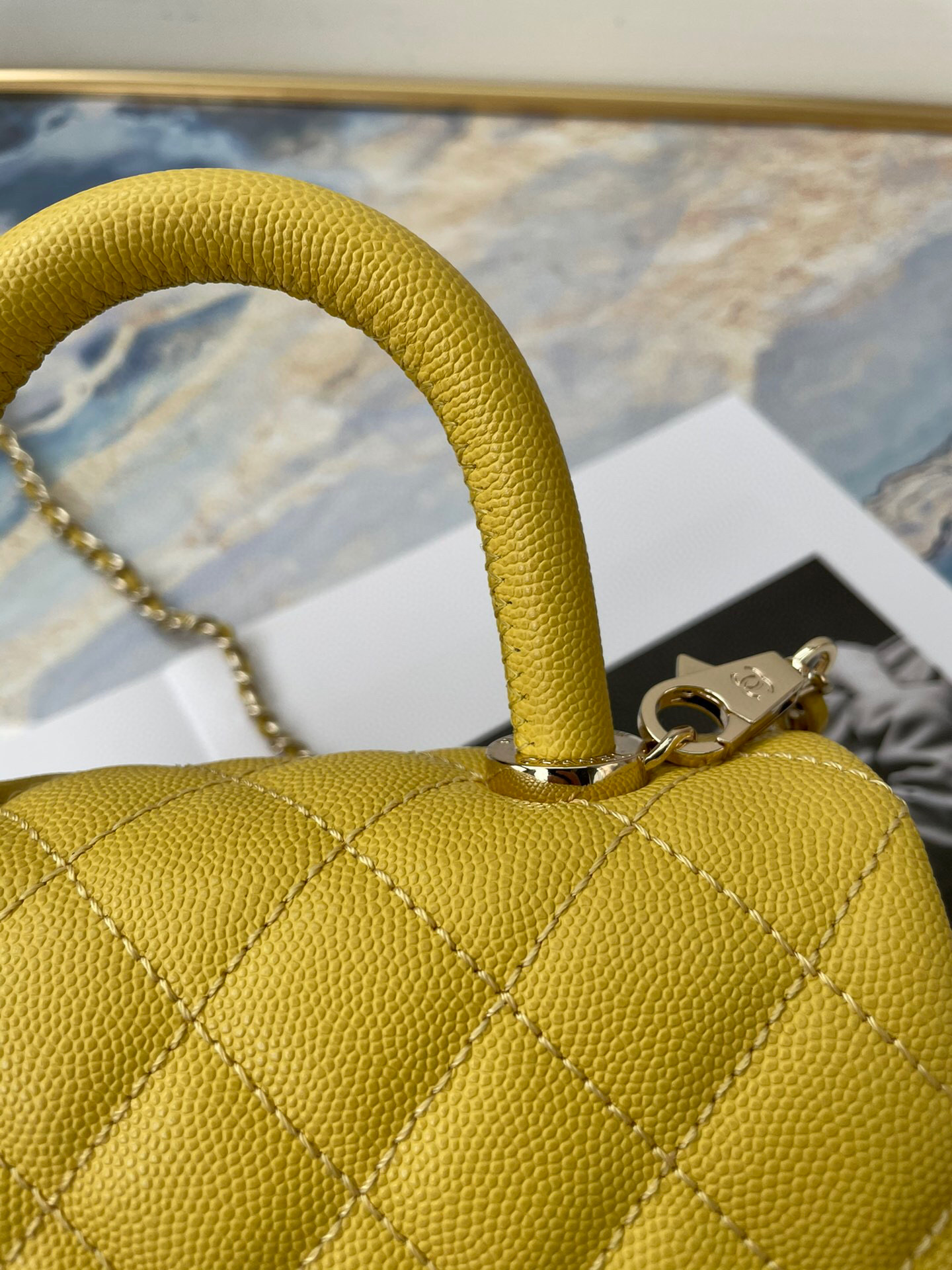 Ch**el extra mini coco handle bag grained leather dark yellow as2215 13 × 19 × 9 cm