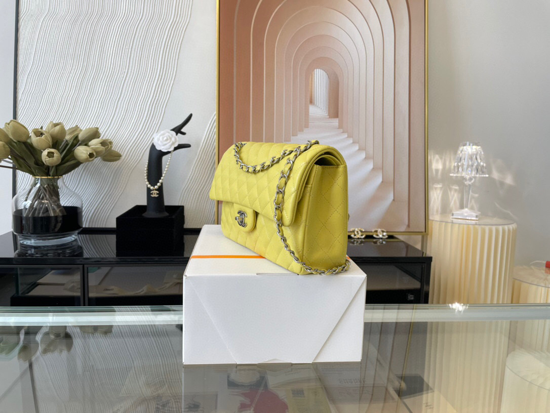 Ch**el classic flap bag yellow lambskin sliver chain a01112 25.5cm